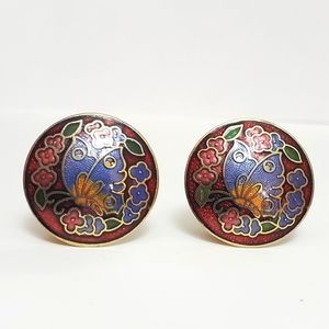 Vintage Cloisonne Butterfly Clip On Earrings